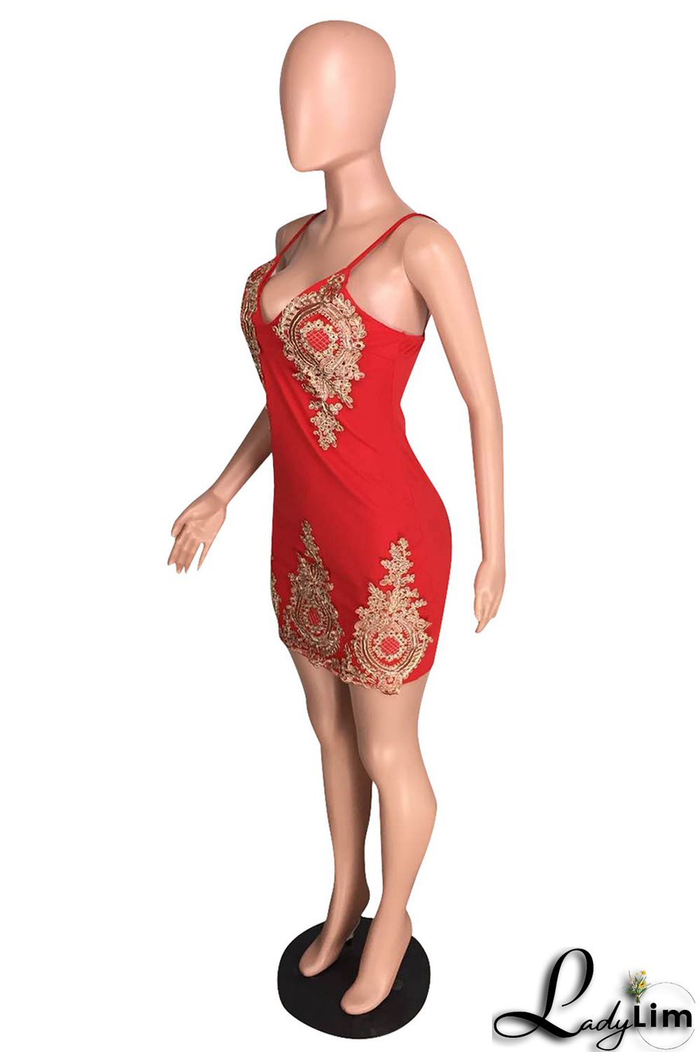 Red Fashion Sexy Embroidery Backless V Neck Sling Dress