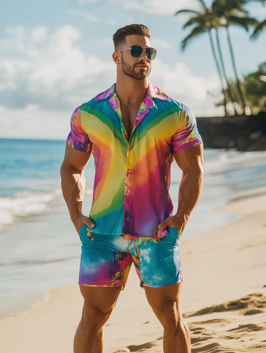 Mr. Rainbow Hawaiian Print Shirt Set