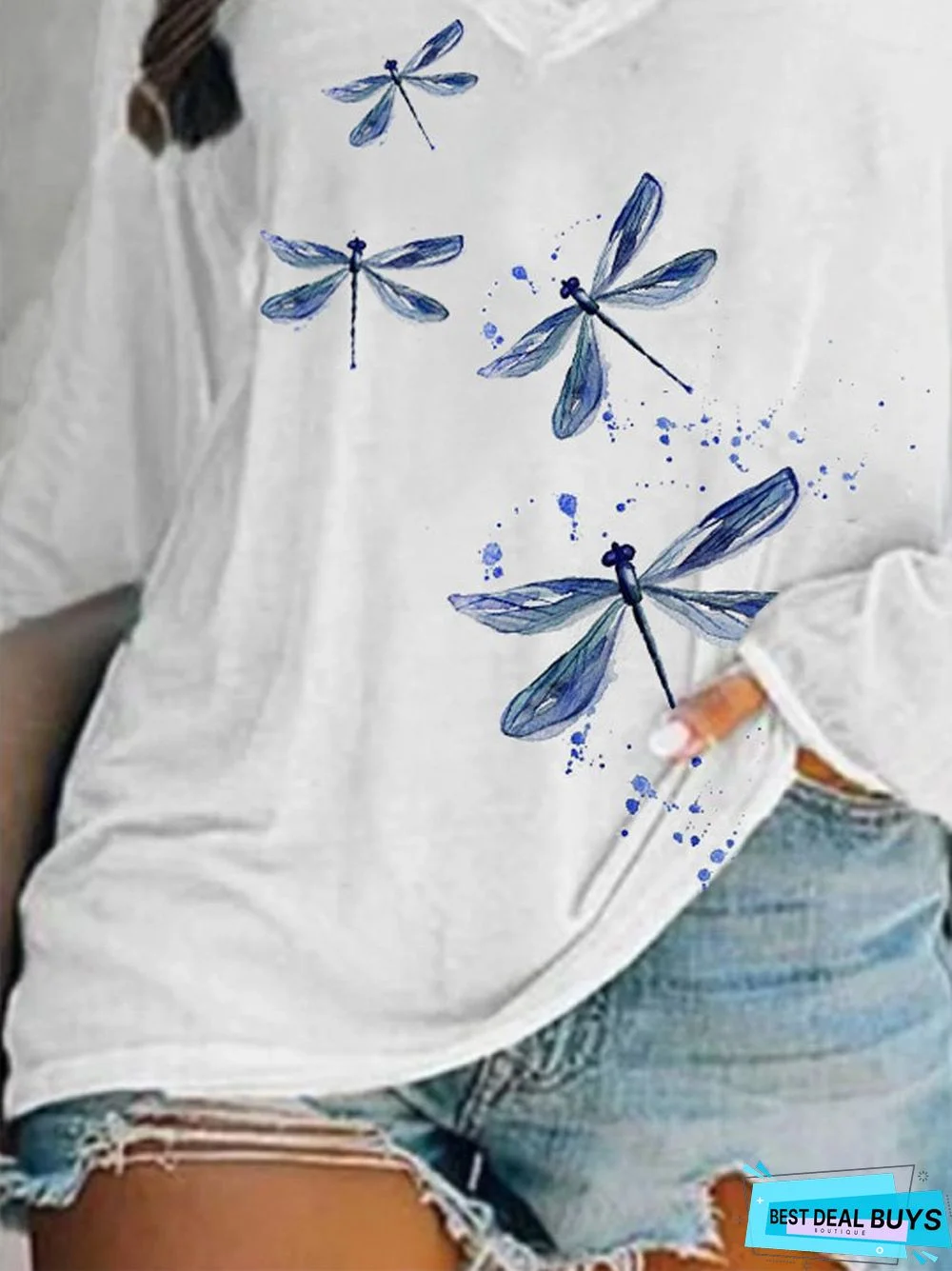 Dragonfly Raglan Sleeve Loose V Neck Cotton-Blend Tunic T-Shirt