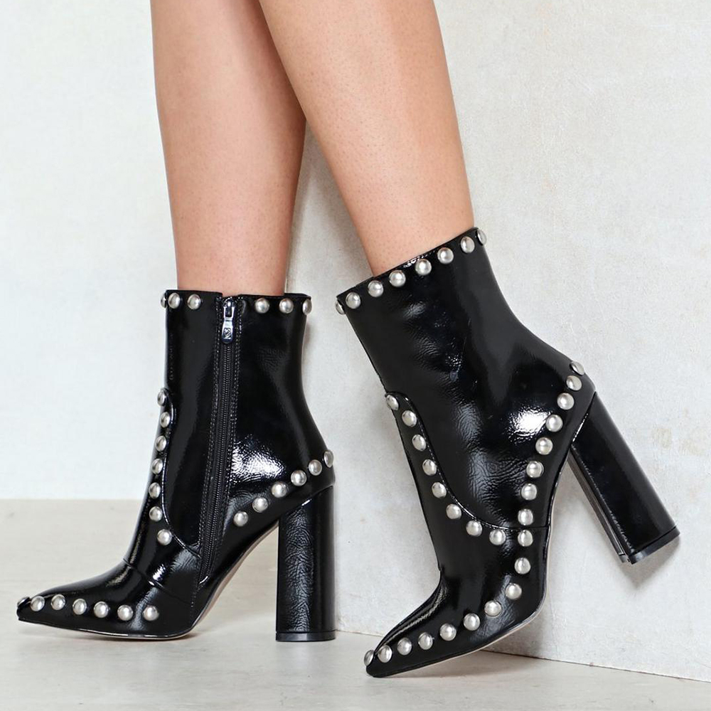 Black Patent Leather Closed Toe 4'' Chunky Heel Studded Ankle Boots Nicepairs