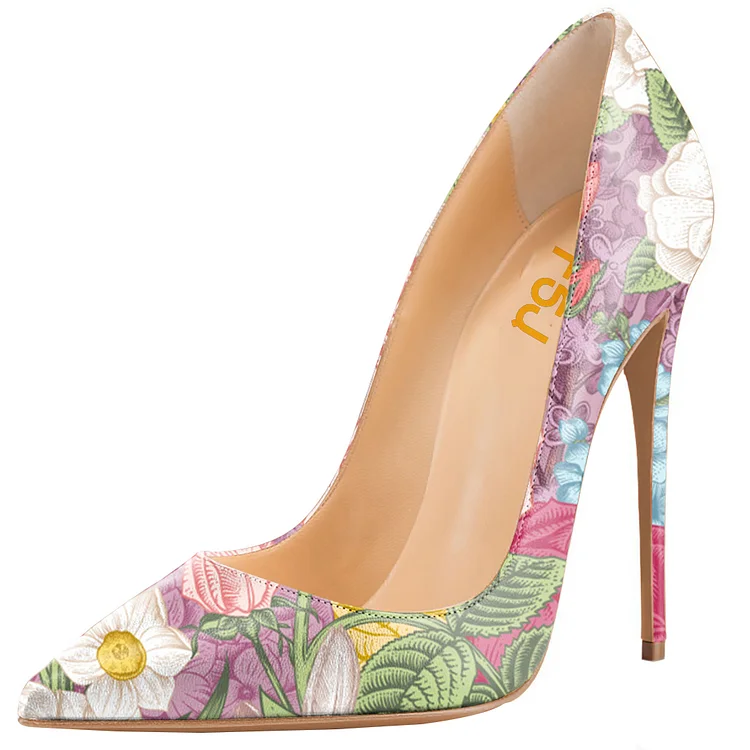 Women's Floral Heels Spring Pointy Toe Stiletto Heels Pumps by FSJ |FSJ Shoes
