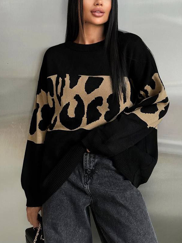 Loose Round Neck Leopard Print Patchwork Sweater