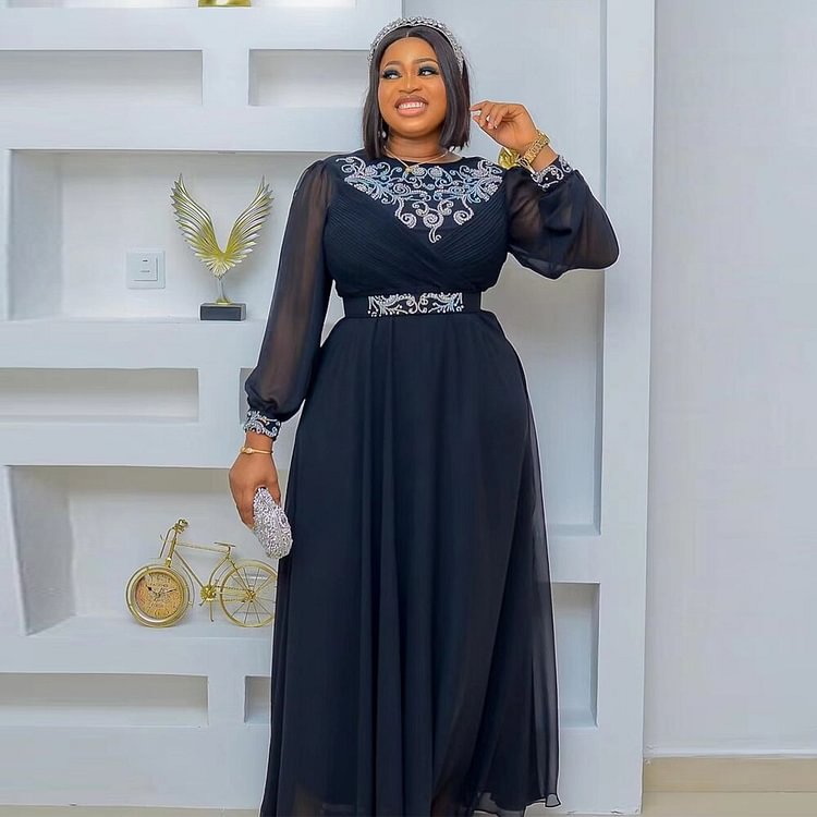 African Americans fashion QFY 2022 Autumn African Women Plus Size Evening Dresses Long Sleeve Chiffon Gown Kaftan Abaya Wedding Party Ankara Ladies Clothes Ankara Style QueenFunky
