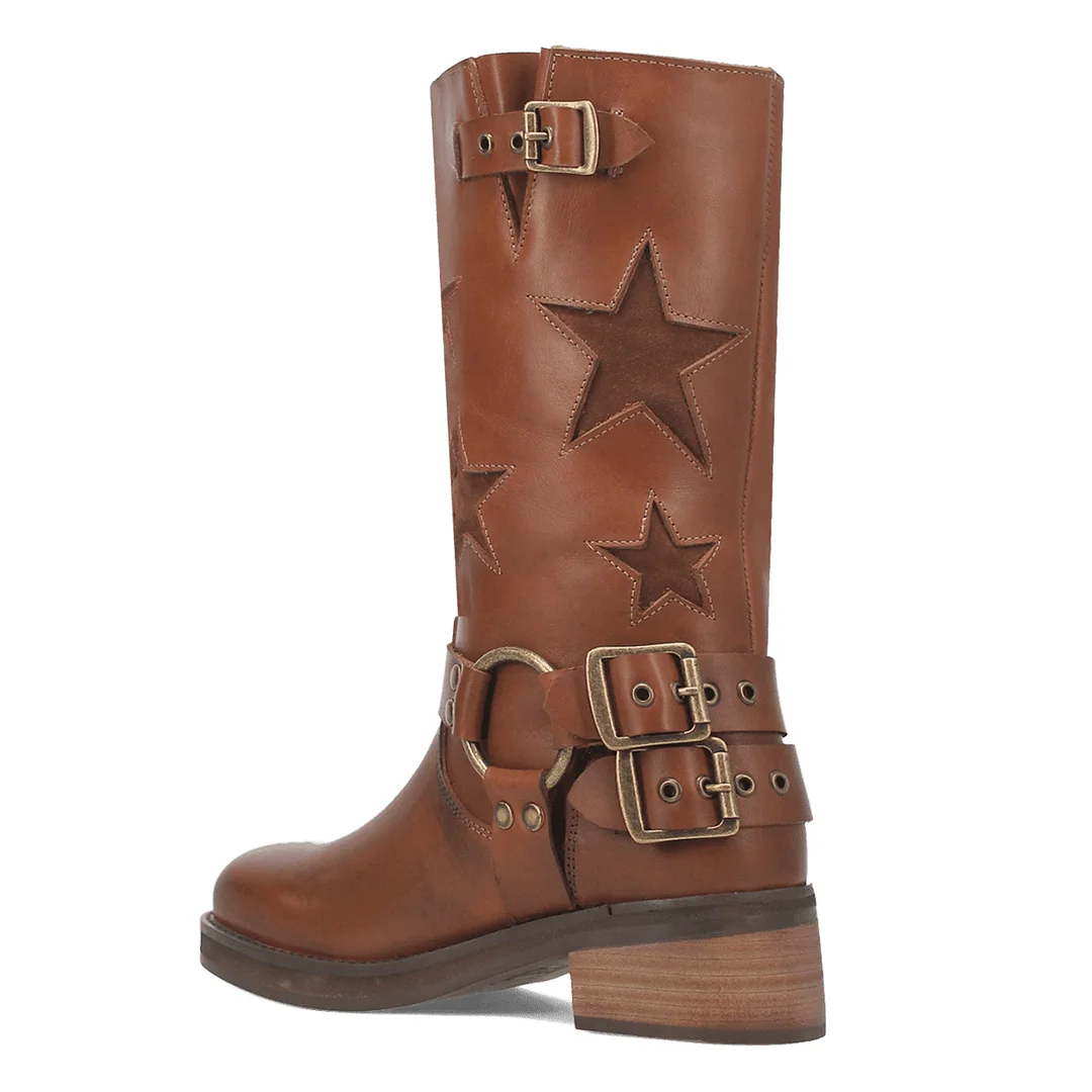 Vegan Leather Brown Star Inlay Studded Buckle Strap Block Heel Boots