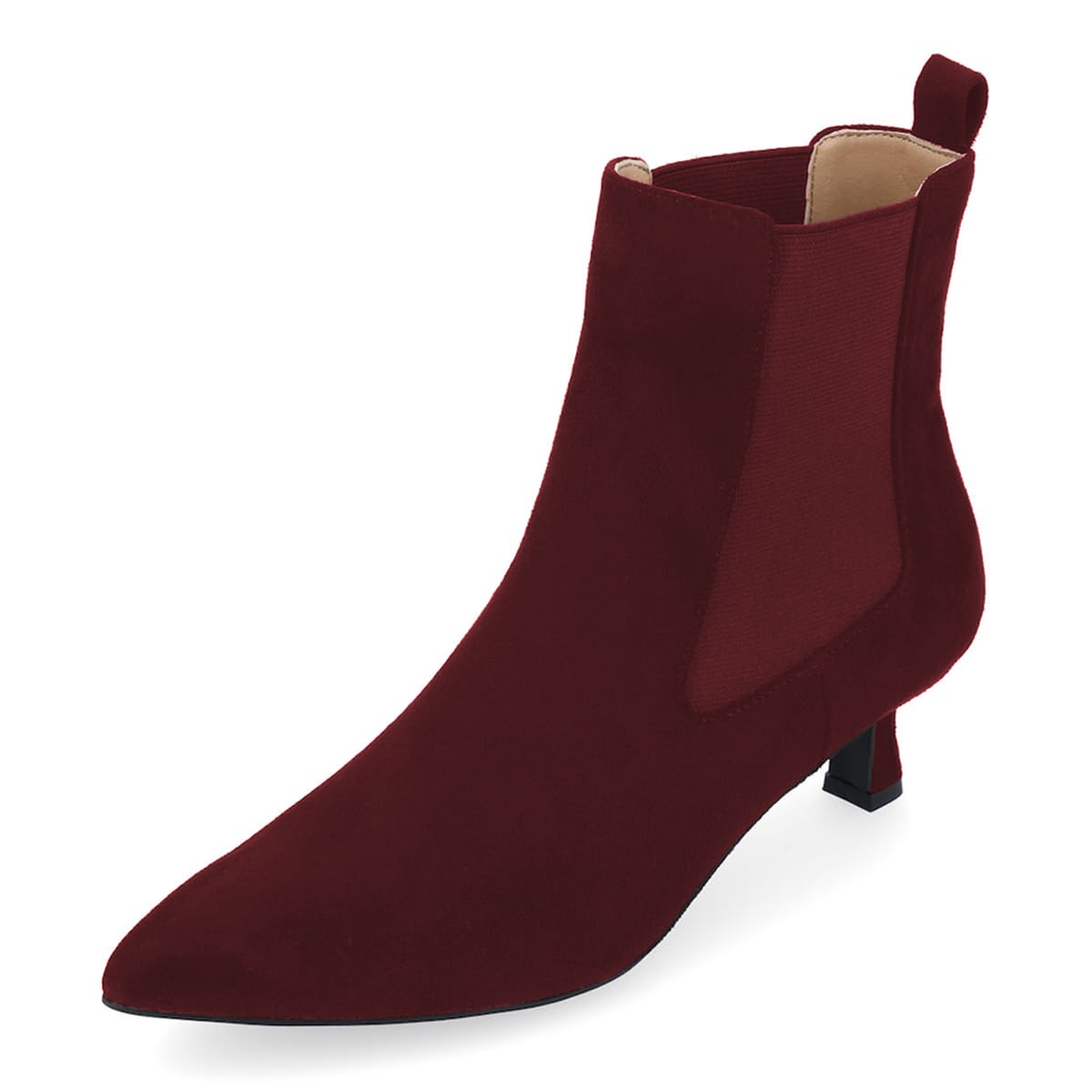 Pointed Toe Kitten Heel Pull-On Chelsea Ankle Boots in Burgundy Nicepairs