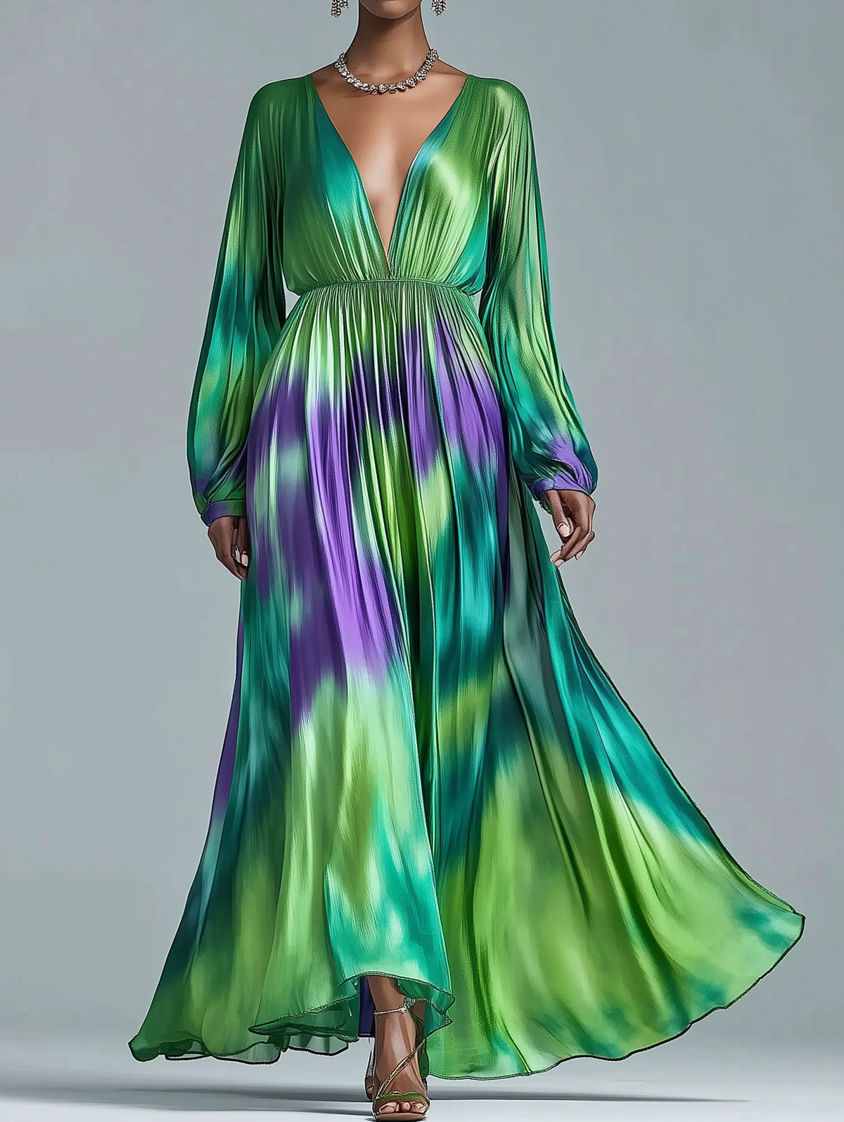 Ursime Silk Tie-Dye Deep V Neck Lantern Sleeve Maxi Dress