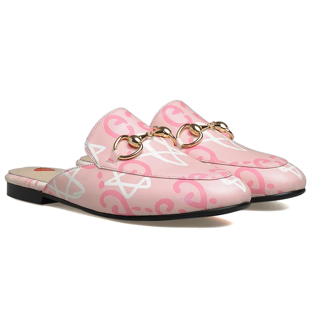 Pink Love Mules Metal Buckle Flats Mules Shoes-vocosishoes