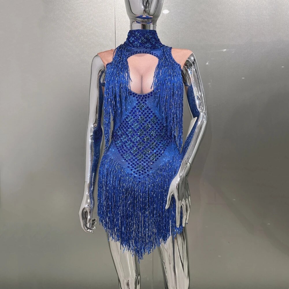 VCSHOES Shining Tassels Blue Halter Bodycon Bodysuit Singer Dancer Costume Nightclub Party Show Bodysuit Women's Oufit