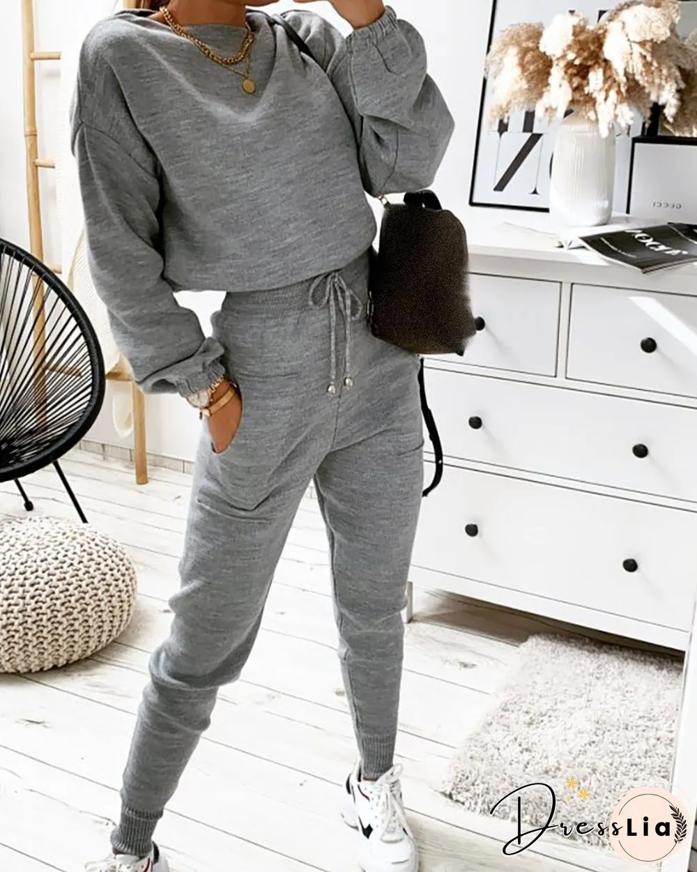 Plain Long Sleeve Top & Drawstring Pants Set