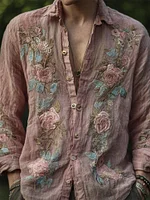 Men's Boho Pink Floral Embroidered Flowy Linen Shirt