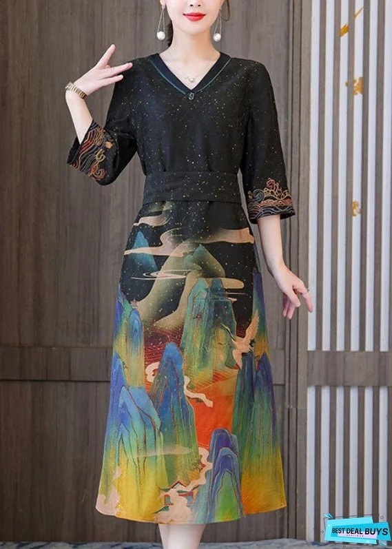 Women Black V Neck Embroideried Print Silk Long Dresses Half Sleeve