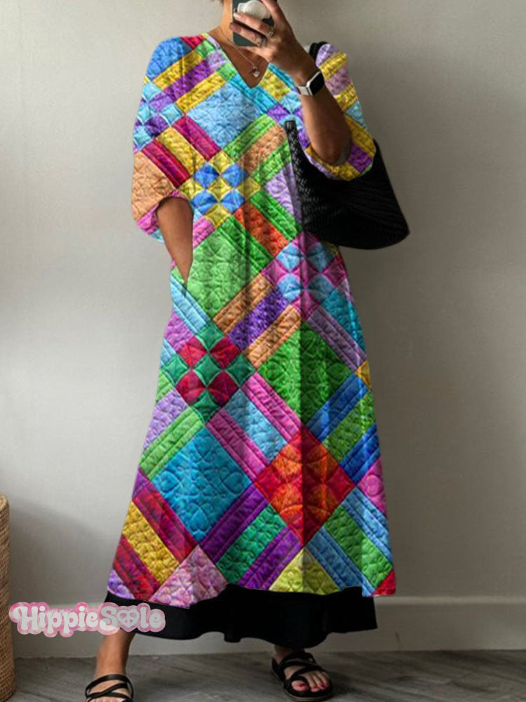 Women’s Retro Colorful Plaid Print Pocket V-Neck Cotton Dress Multicolor / S