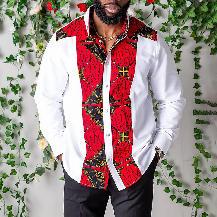 BrosWear Casual Color Contrast African Ethnic Print Long Sleeve Shirt