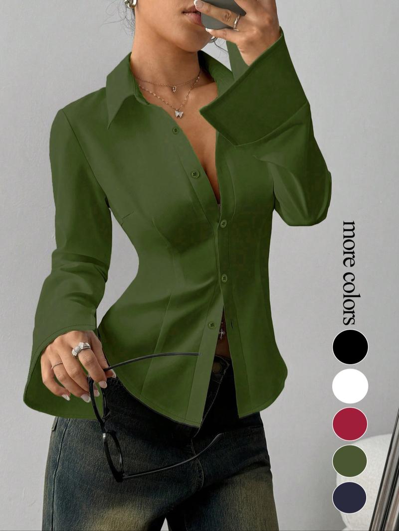 Women's Slim-Fit Button-Down Long-Sleeved Casual Shirt, Suitable for Daily Commuting Women's Slim-Fit Button-Down Long-Sleeved Casual Shirt, Suitable for Daily Commuting