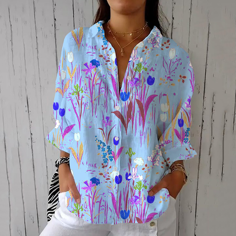 Comstylish Women's Floral Print Long Sleeve Casual Linen Blend Shirt