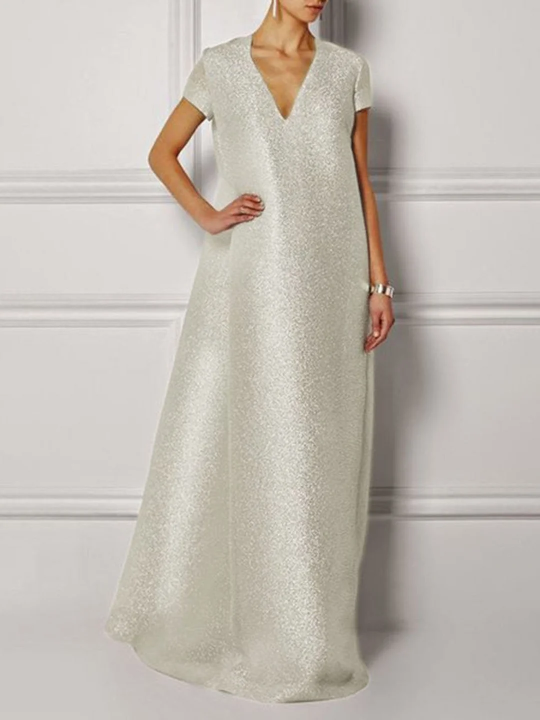Solid Silver Shift Glitter-finished Elegant Prom Maxi Dress