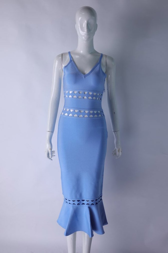 Ice Blue Cutout Straps Midi Bandage Dress Size M