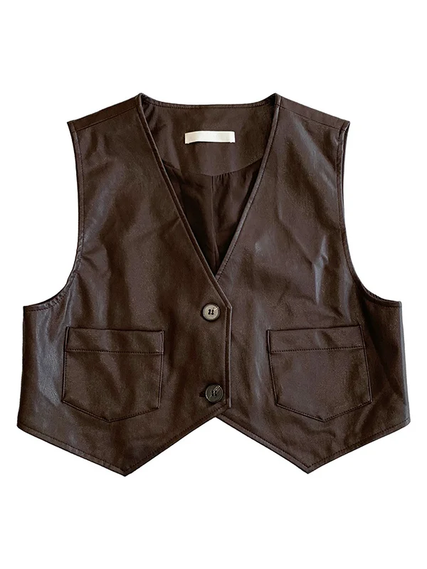 Retro Sleeveless V-Neck Pu Waistcoat - yankia