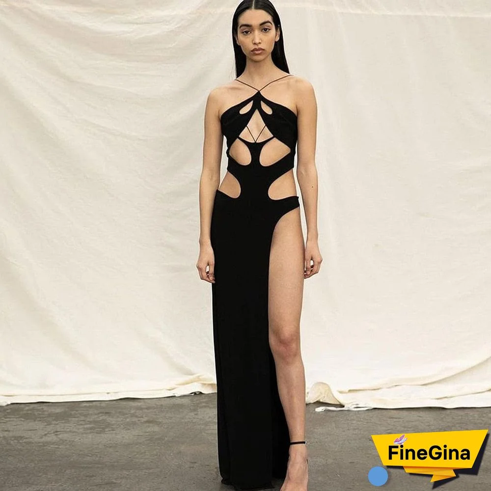 Fashion Black Halter Cut Out Hight Waist Split Long Dress Women Club Party Hot Sexy Backless Maxi Dresses Clothes