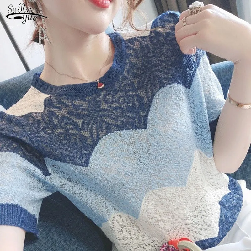 Summer New Elegant Patchwork Blue Fashion and Age Reducing Girls' Blouse Hollow Out Ice Silk Knitted Short Sleeve Shirt 14657
