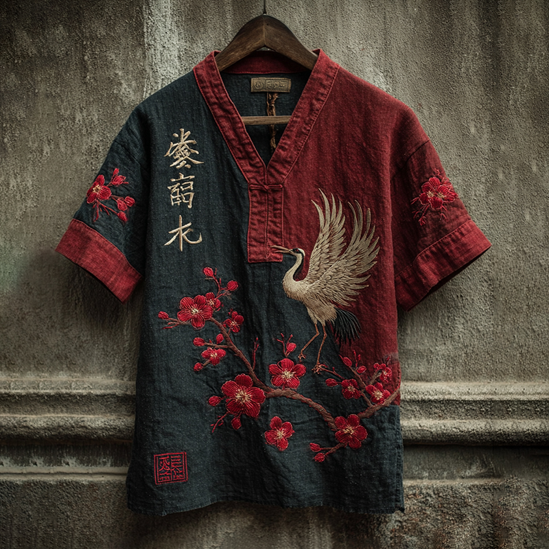 Men's Japanese Retro Style Calligraphy Cranes And Plum Blossoms Art Short-sleeve T-shirt elevenforest
