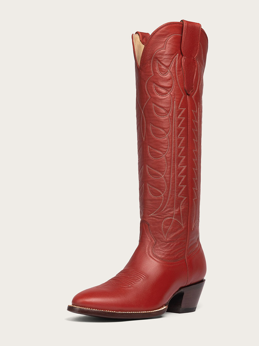 Red Vegan Leather Embroidered Wide Calf Knee High Cowgirl Boots