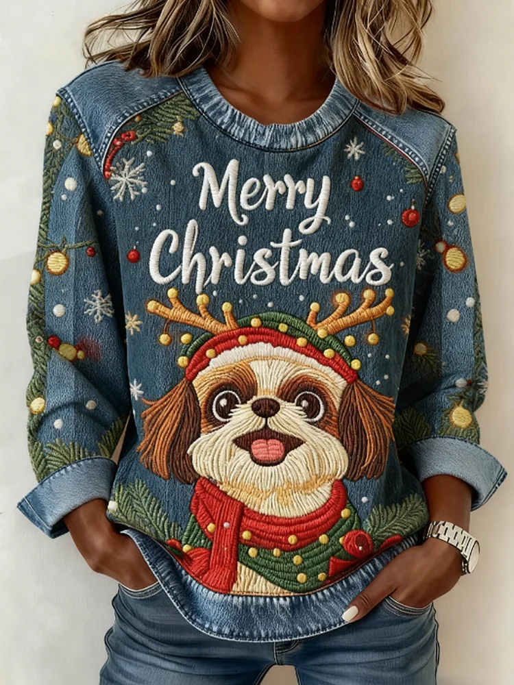 Women's Christmas Cute Dog Denim Patchwork Top