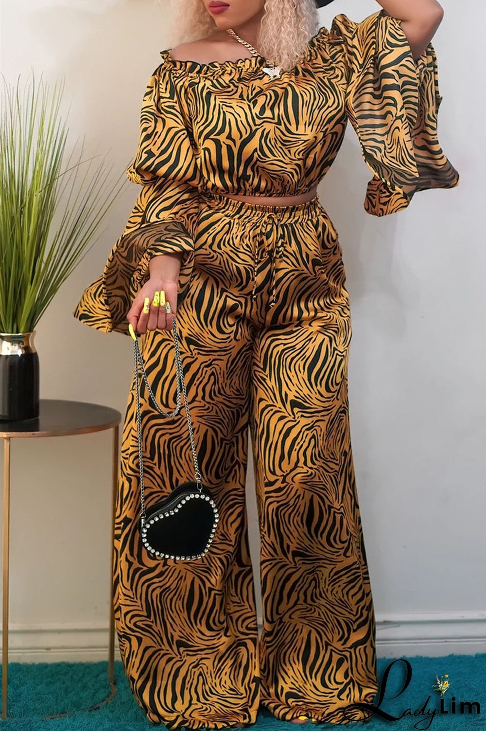 Pink Purple Fashion Casual Print Split Joint Off the Shoulder Long Sleeve Two Pieces