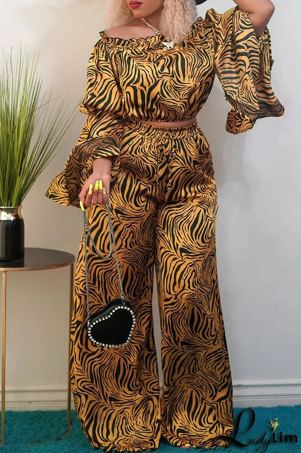 Pink Purple Fashion Casual Print Split Joint Off the Shoulder Long Sleeve Two Pieces