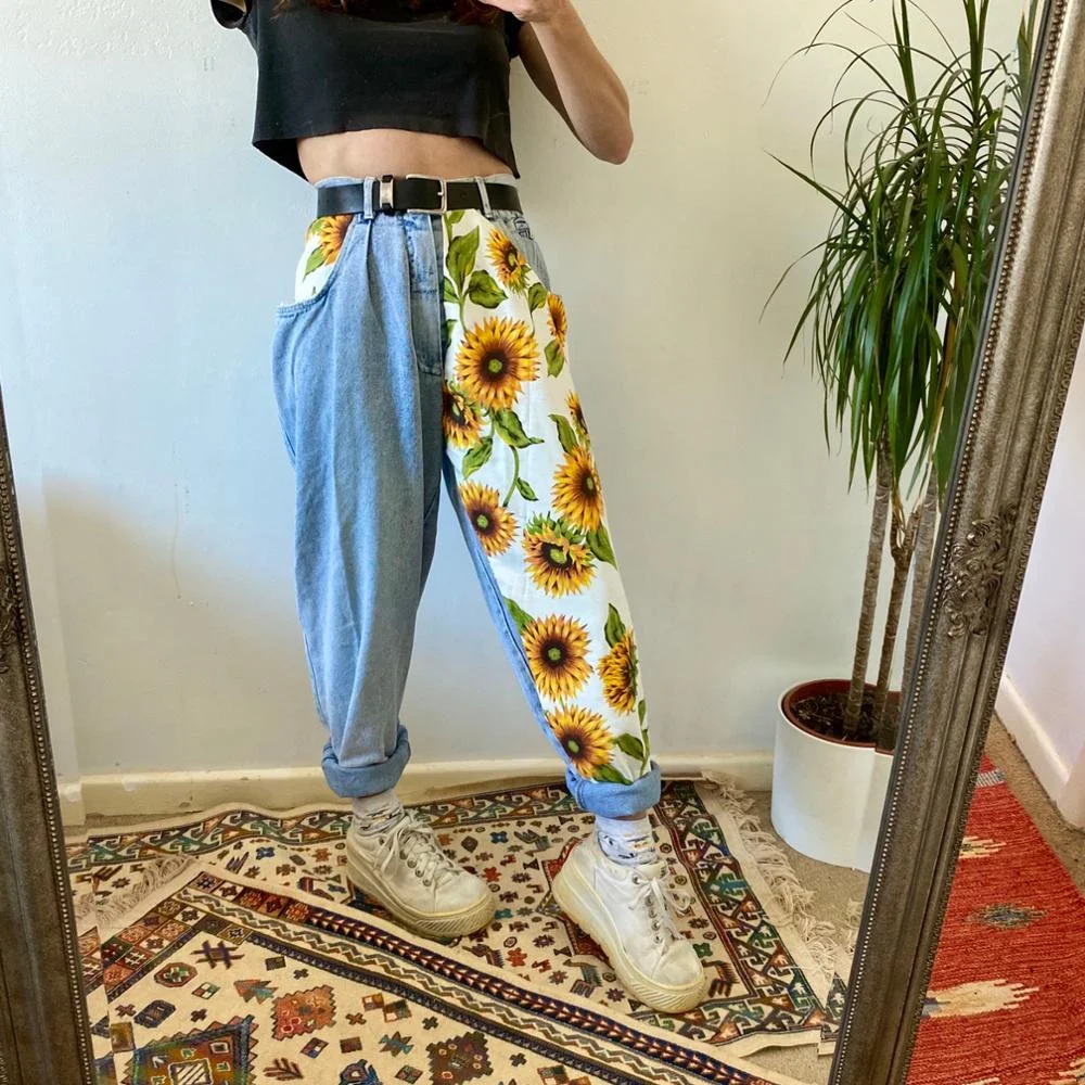 Billlnai 2023 New Trend Sunflowers Printed Light Blue Jeans fit women young Girls soft denim long pant patchwork Harem hight waist jeans