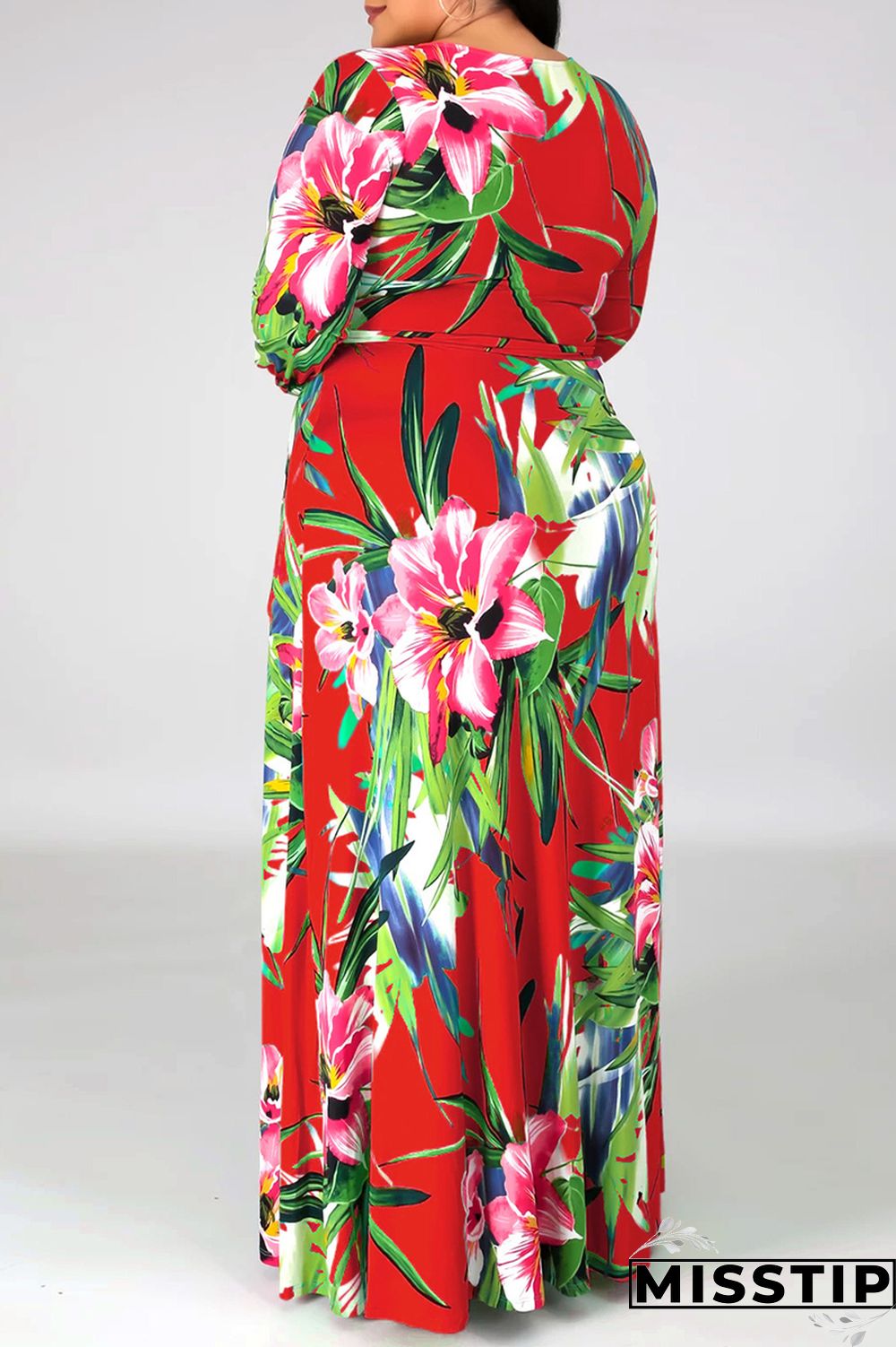 Black Fashion Casual Print Bandage Slit V Neck Long Sleeve Plus Size Dresses