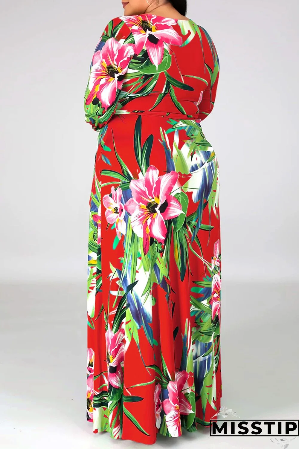 Black Fashion Casual Print Bandage Slit V Neck Long Sleeve Plus Size Dresses