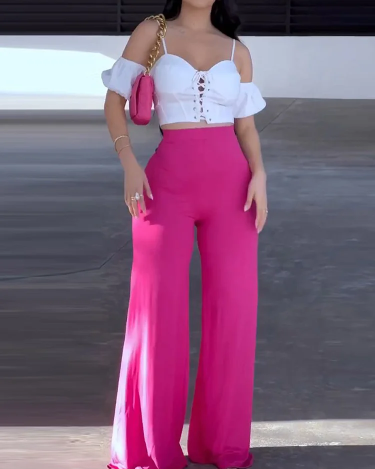 One-shoulder solid color strappy two-piece suit
