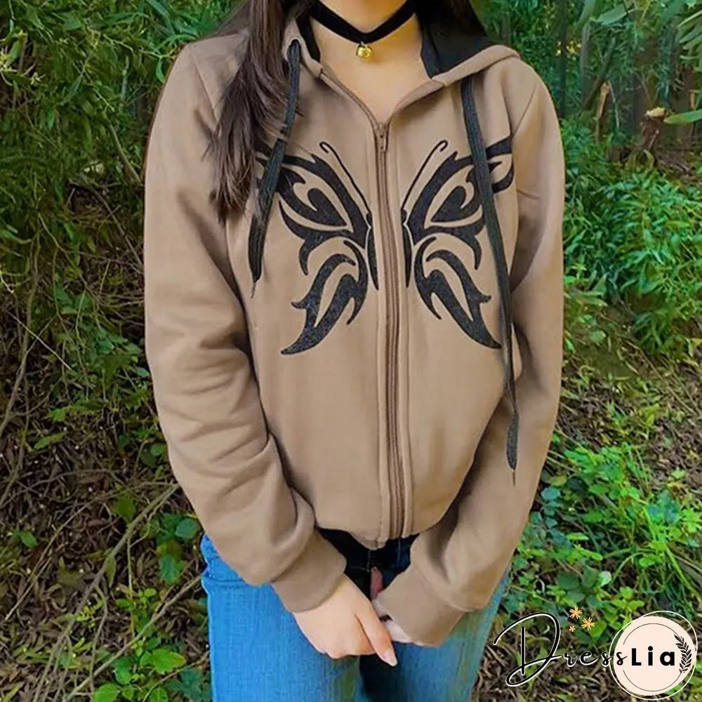Women Butterfly Sweatshirt Y2k Aesthetic Fairycore Grunge Zip Up Long Sleeve Tops E Girl Hoodie Casual Streetwear