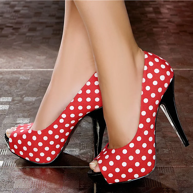 Women's Red Polka Dot  Peep Toe Heels Pumps Shoes |FSJ Shoes