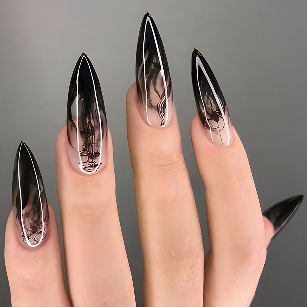 Birthday Nails – 24PCS Black Gradient Wearable Nail Art Glitter  Long Almond False Nail French Fake Nail Press on Nails Full Cover Nail Tips | Kissbake