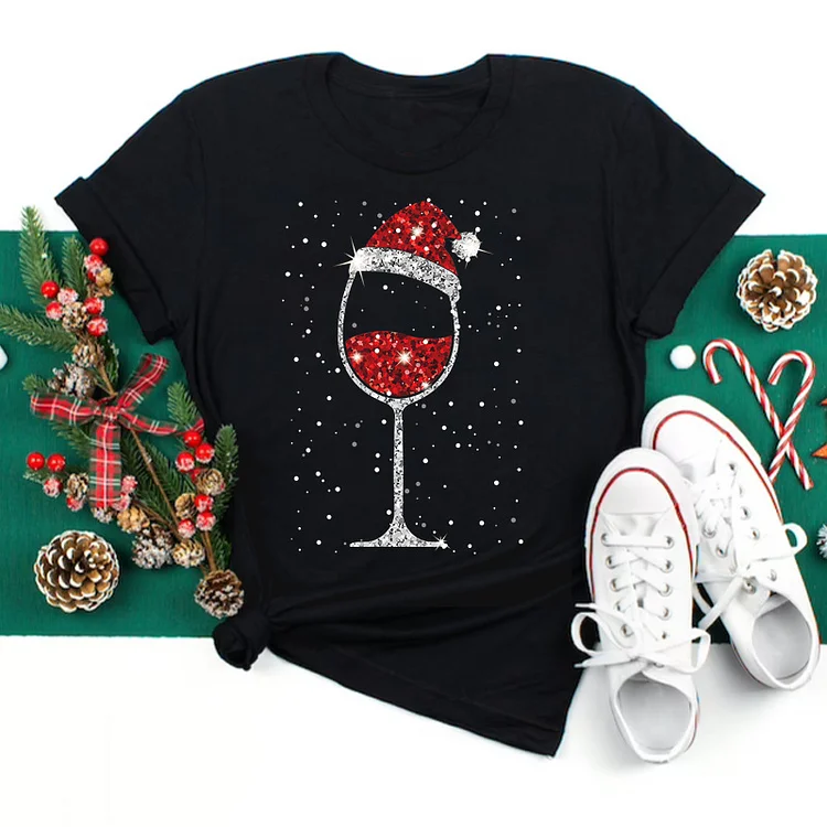 Christmas Wine Glass Printed Short-Sleeved T-shirt VangoghDress