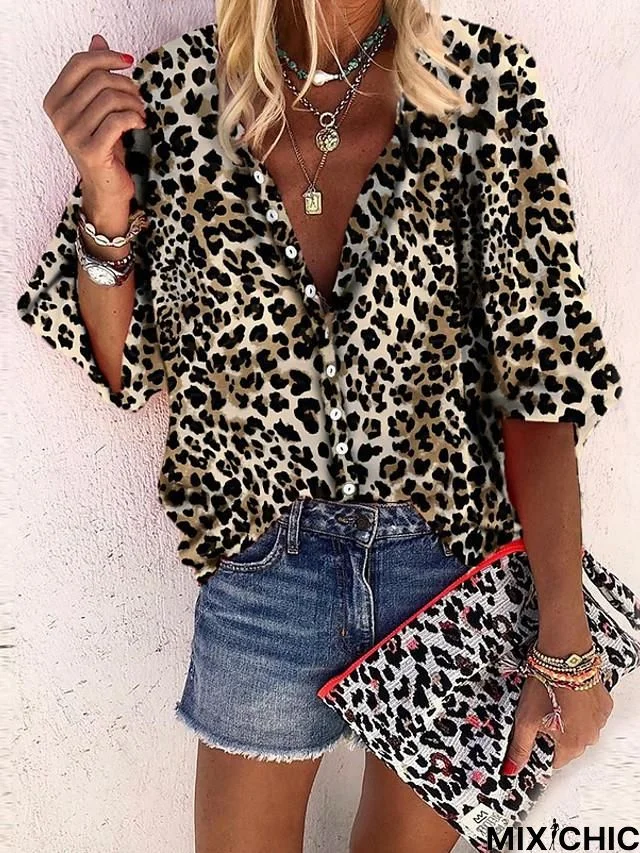 Women's Blouse Shirt Leopard Cheetah Print Long Sleeve V Neck Tops Basic Top Khaki-0203809