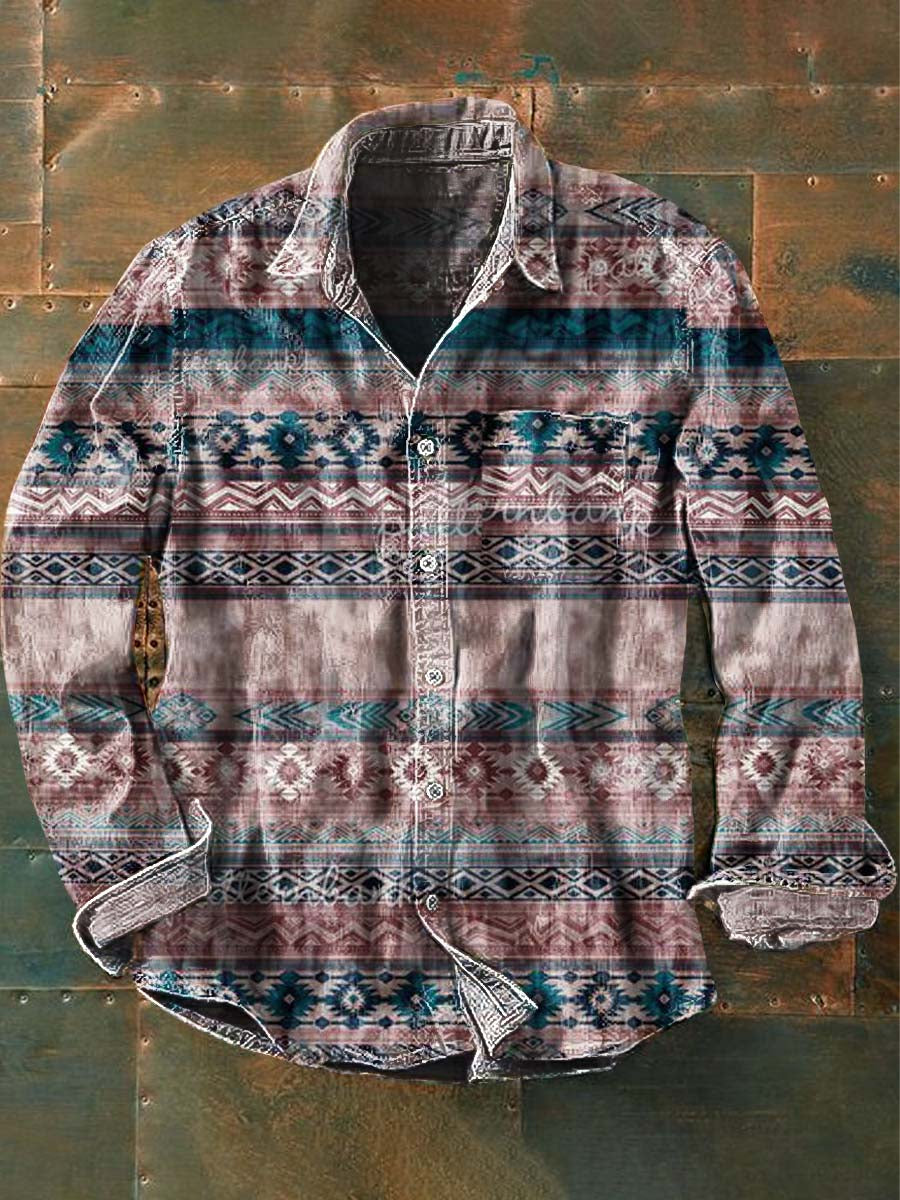 Men's Vintage Western Pattern Print Casual Lapel Long Sleeve Shirt