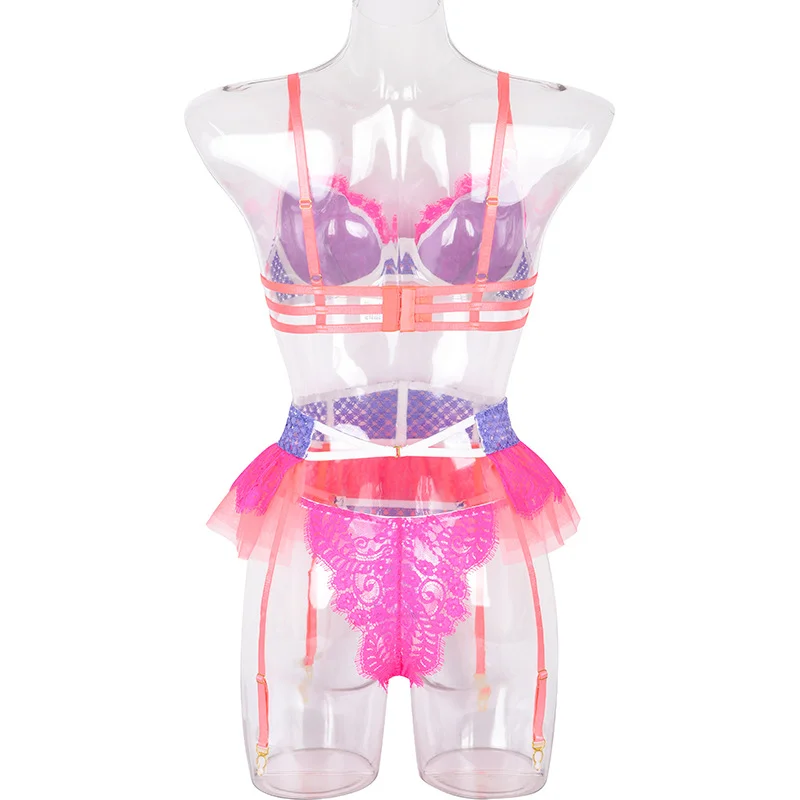 Billionm Sexy Lingerie Women Patchwork Pink Push Up Bra and Panty Underwear Hollow Out Fishnet Intimate Sex Ropa Interior Femme Costume