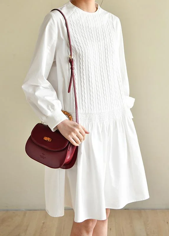 Handmade White Zippered Cotton Dress O Neck Vacation Dresses