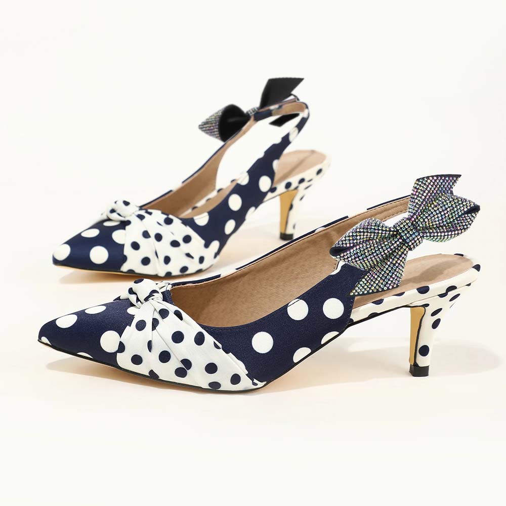 Navy & White Polka Dot Kitten Heels Rhinestone Bow Slingback Pumps Nicepairs