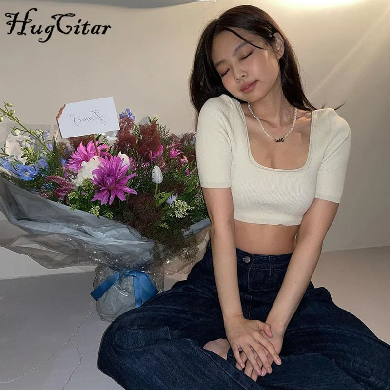 Hugcitar 2021 Low Neck Short Sleeve Navel Letter Cartoon Print Short Tshirt Summer Women Fashion Streetwear Casual Tees Y2K