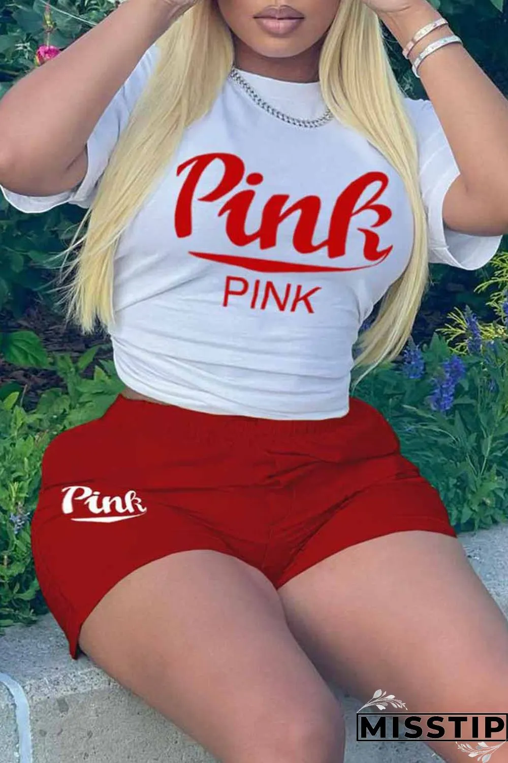 White Red Casual Print Letter O Neck Short Sleeve Two Pieces