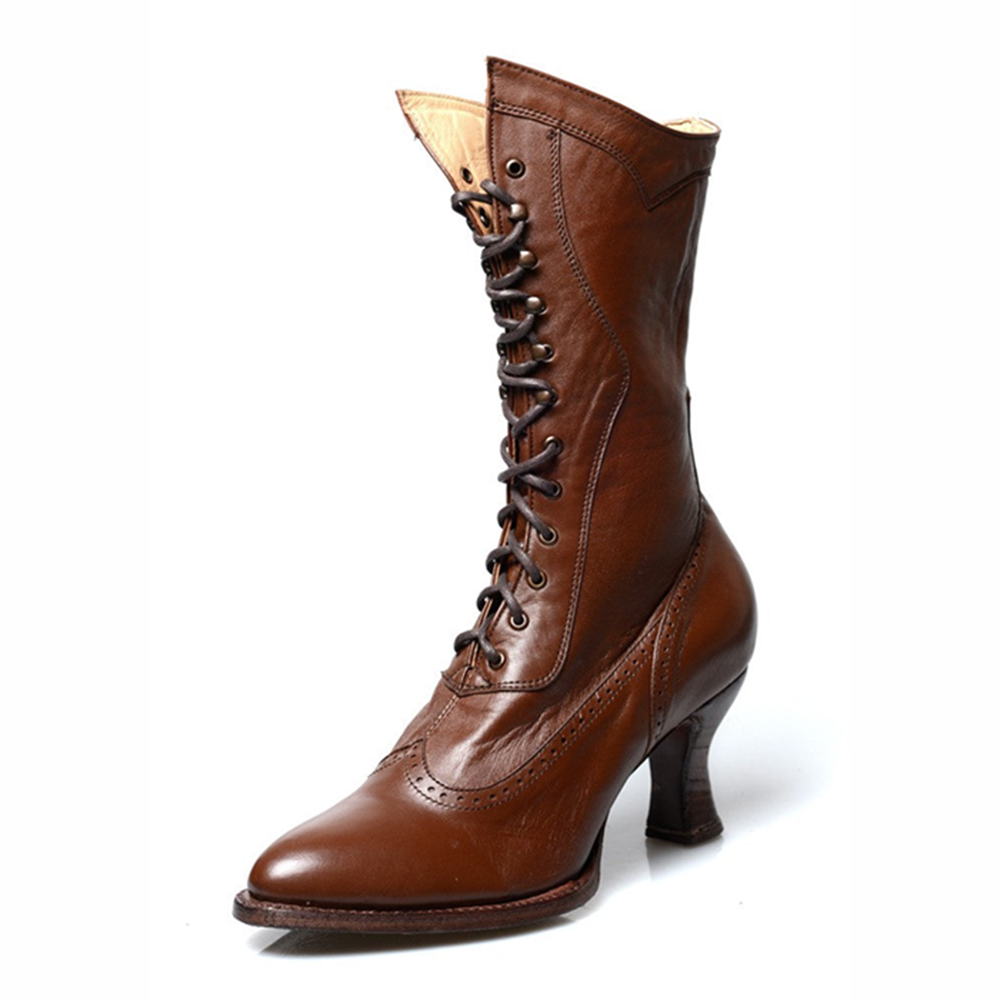 Brown Lace-Up Almond Toe Spool Heel Mid Calf Boots for Women Nicepairs
