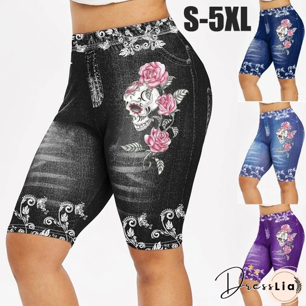 New Women Fashion Skinny Skull Flower Print Casual Jeggings Yoga Leggings Faux 3D Denim Jean Shorts Pants Plus Size S-5XL