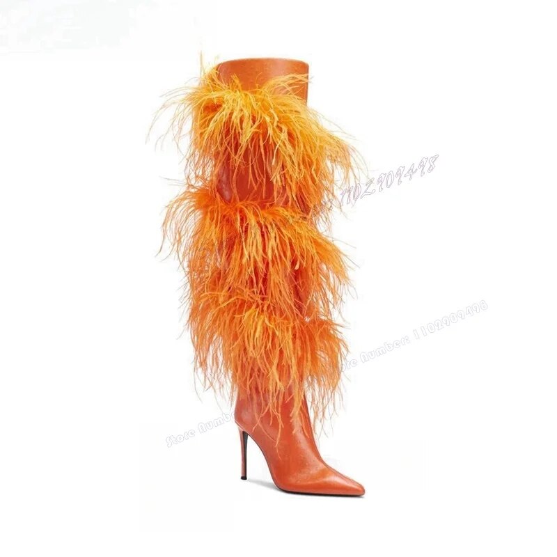 VCSHOES Orange Feather Decor Knee High Boots Patent Leather Pointed Toe Shoes For Women Thin High Heels Shoes Zapatos Para Mujere