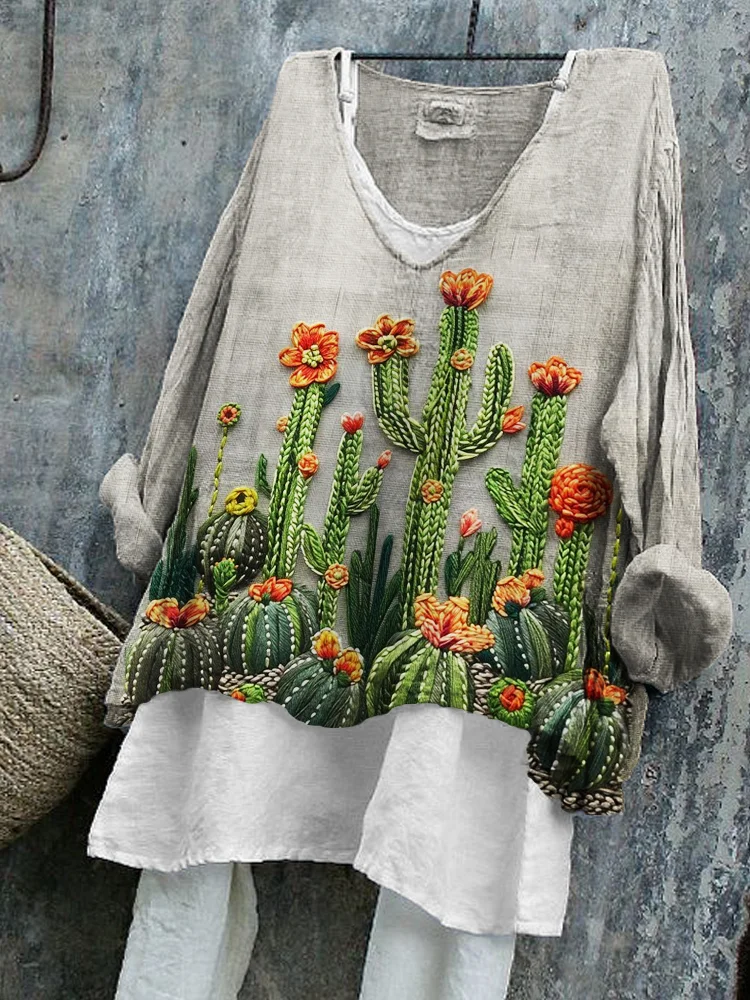 VChics Floral Cactus Embroidery Art Linen Blend Tunic