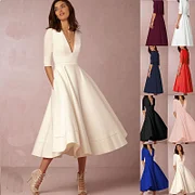 Hyhis New Women Dress Long Fashion Vacation Party Dresses Short Sleeve V-neck Slit Solid High Quality Vestidos Femme 2025