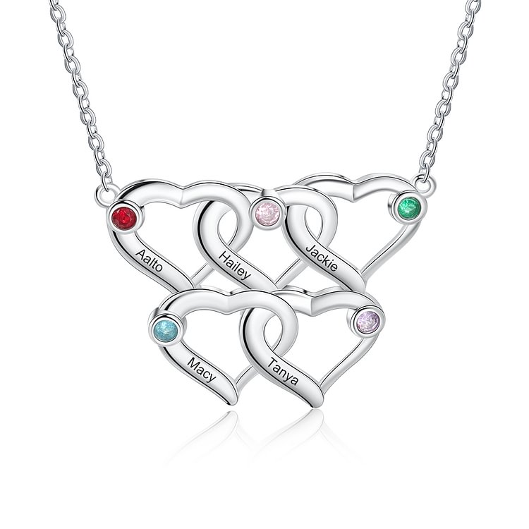 Personalized Heart Shaped Necklace，Engraved with 5 Birthstones and 5 Name